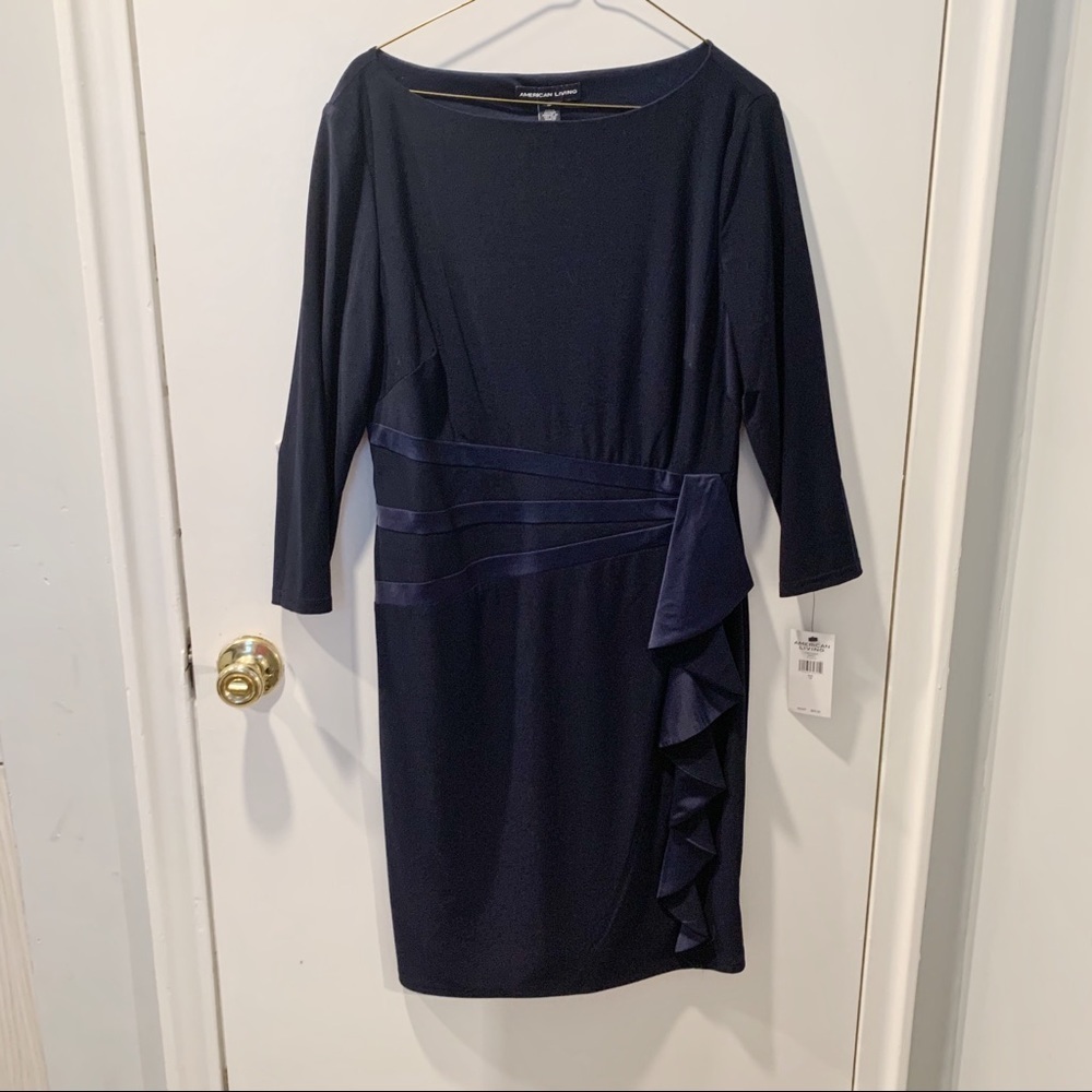 American Living Dress Size 14 Side Ruffle Navy Blue NWT